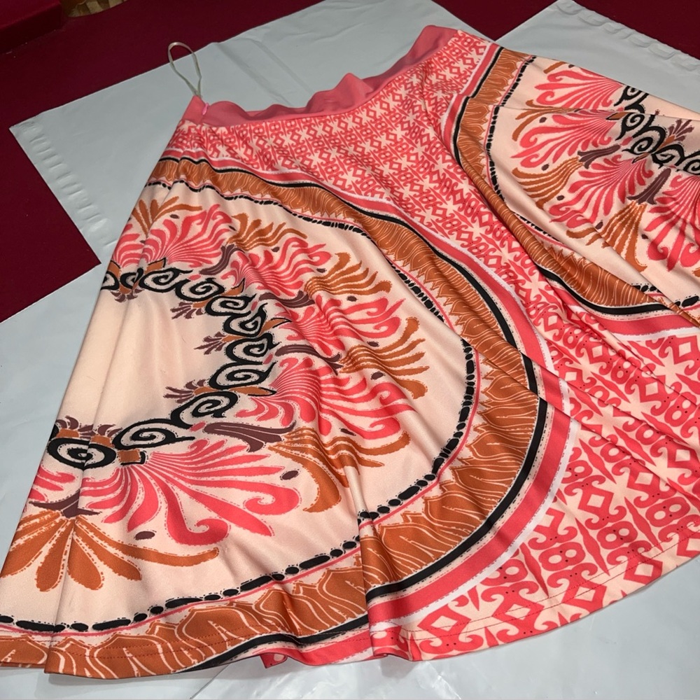 Aryeh M Pink Brown Black Tribal A Line Stretchy Soft SKIRT Women MED flared Midi